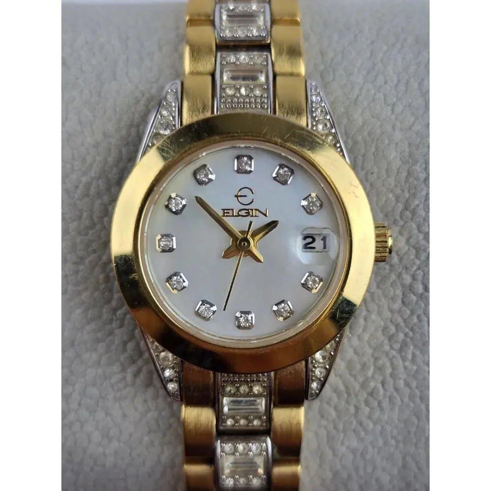 Elgin EG145 Women's Gold tone Mother Pearl Dial w/ Date & Crystals band -Running